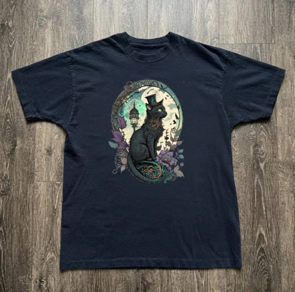 Steampunk Top Hat Cat Floral Lantern Moon Vintage Black T-Shirt
